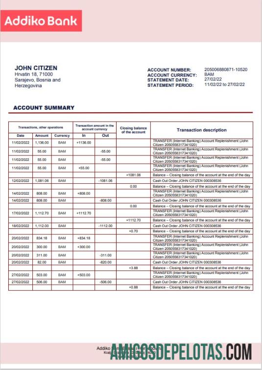 Modelo de extrato bancário Addiko da Bósnia e Herzegovina para impressão em formato Word e PDF
